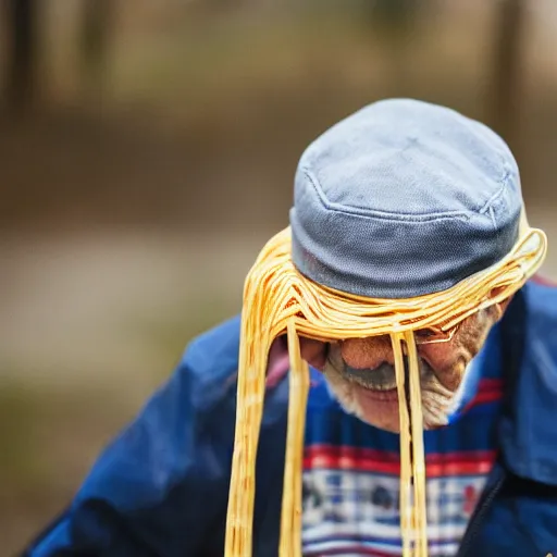 Image similar to elderly man wearing a hat made from spaghetti, Canon EOS R3, f/1.4, ISO 200, 1/160s, 8K, RAW, unedited, symmetrical balance, in-frame