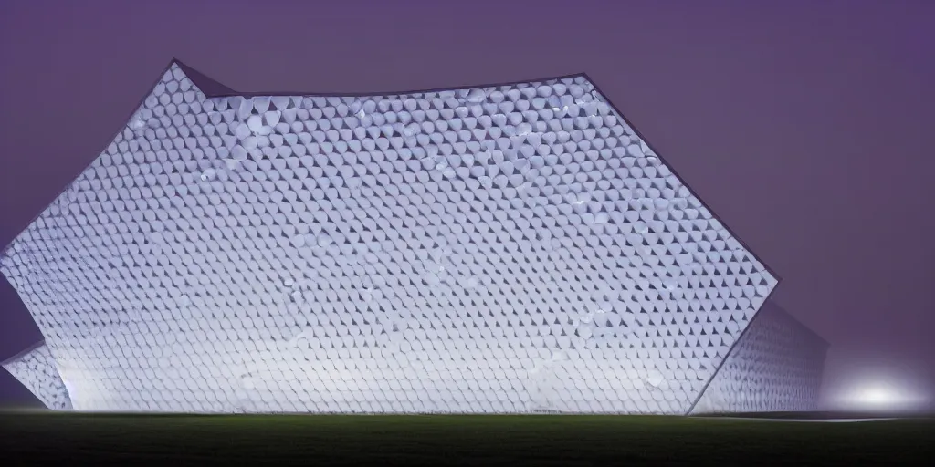 Image similar to white honeycomb organic illuminated building with warm illumination inside by kendall buster sits on the field evening atmosphere in low fog, 4 k, insanely quality, highly detailed, telephoto lens, shallow depth of field