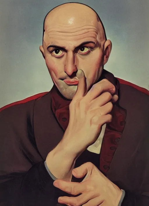 Image similar to portrait of glamorous bald medieval man with big nose and annoyed gesture,look of hate, threatening pose, 1940s propaganda poster, full hd,highly detailed