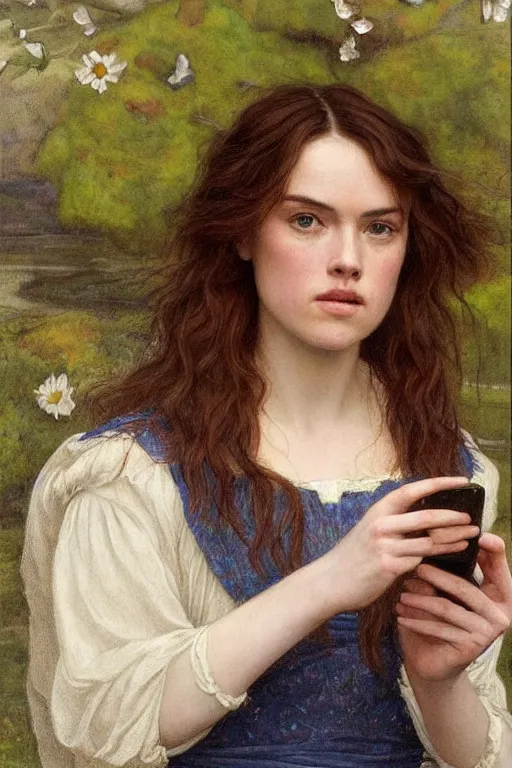 Prompt: a pre raphaelite painting of daisy ridley looking disinterestedly at her phone by dante gabriel rossett