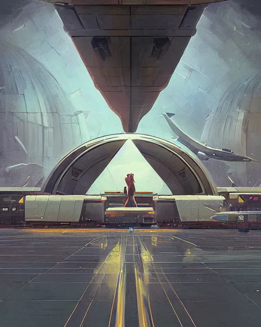 Prompt: a highly detailed epic cinematic concept art CG render digital painting artwork: retro futuristic Airport. By Greg Rutkowski, in the style of Francis Bacon and Syd Mead and Norman Rockwell and Beksinski, open ceiling, highly detailed, painted by Francis Bacon and Edward Hopper, painted by James Gilleard, surrealism, airbrush, Ilya Kuvshinov, WLOP, Stanley Artgerm, very coherent, triadic color scheme, art by Takato Yamamoto and James Jean