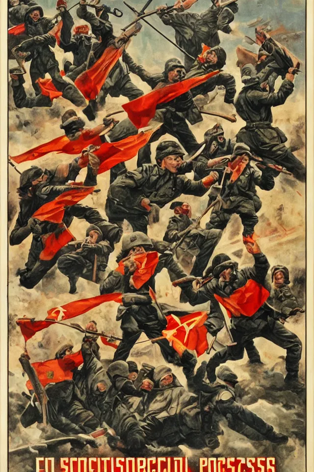 Prompt: a epic socialist realism poster of communist opossum soldiers defeating the monstrous fascists,