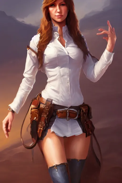 Image similar to full body, female cowgirl, perfect face, white blouse, holster, 8 k, magic the gathering, desert, d & d, artstation, high detail, smooth, sweaty