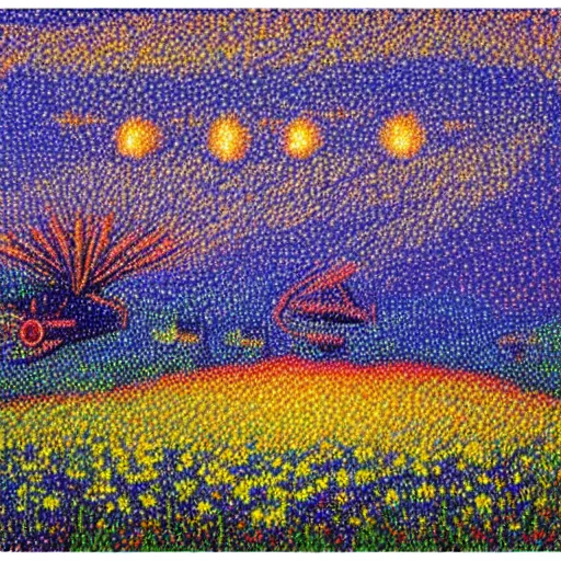 Image similar to three starship rockets landing in a field of flowers at sunset, pointillism and impressionist painting