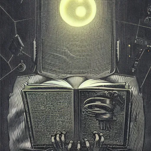 Image similar to retro dark vintage sci-fi, 2D matte illustration, robot reading a book, art by Szukalski, Beksinski