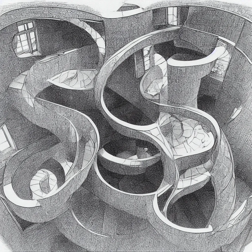 Image similar to detailed torus shaped house, illustrated by m. c. escher