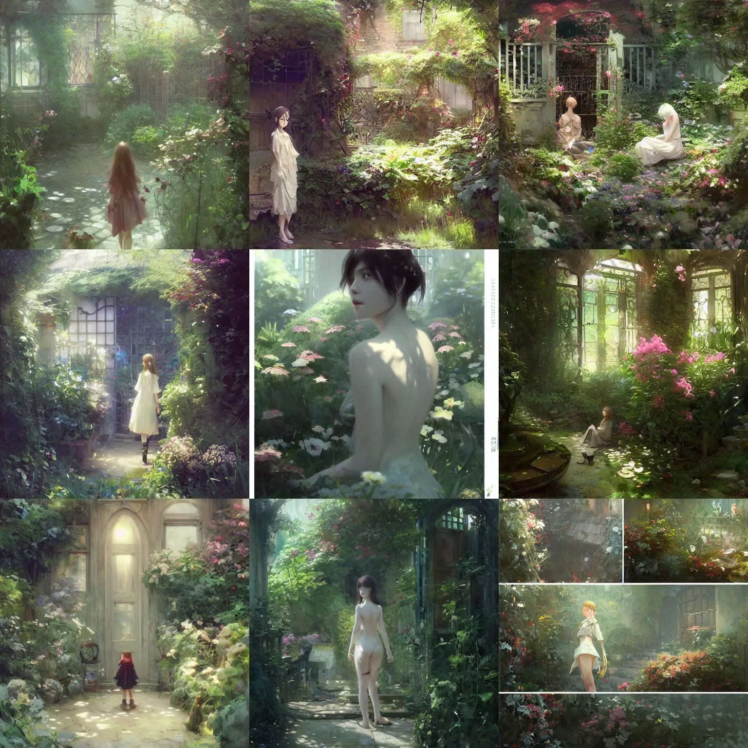 Prompt: a secret garden i found in my house by zhaoming wu, john collier, albert aublet, cedric peyravernay, nick alm, makoto shinkai, robert mcginnis