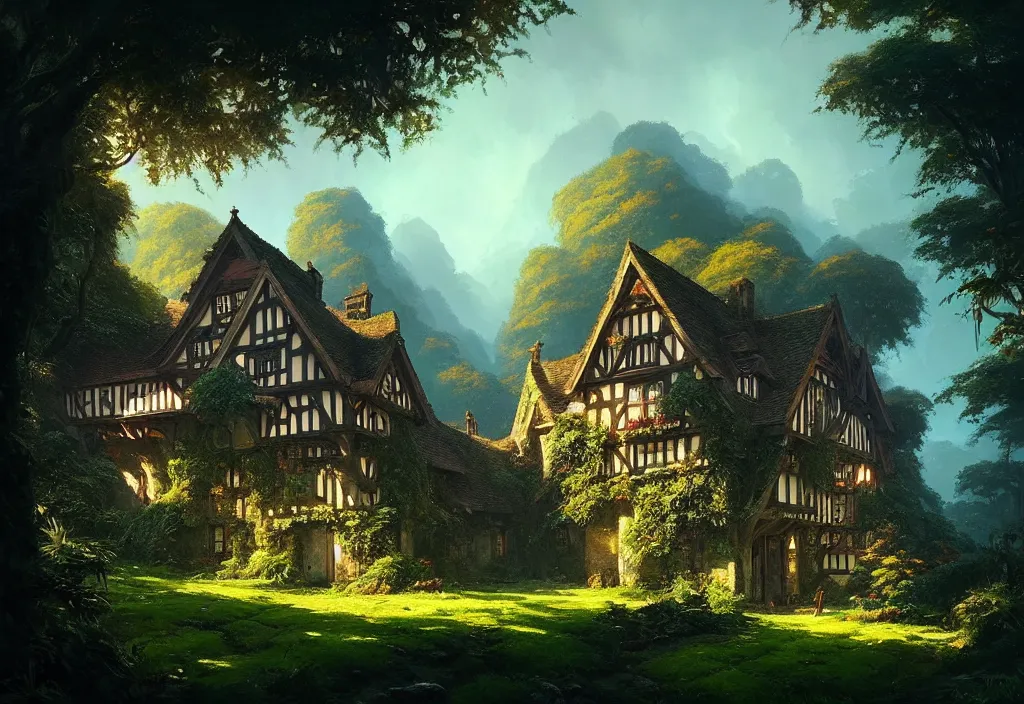 Prompt: a tudor house on a hillside surrounded by jungle, blue sky, cinematic view, detailed architecture, concept art, high detail, well lit, volumetric, godrays, vivid, trending on artstation, by jordan grimmer, art greg rutkowski