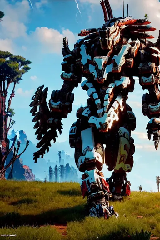 Image similar to a cinematic still from horizon zero dawn, full body mech, octane render, nvidia raytracing demo, masterpiece, aged armor plating, decipticon armor plating, aggressive head, endoekeleton exposure