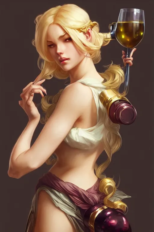 Prompt: a beautiful fashion blond girl toss wine glass as a league of legends character, masterpiece, cg animation, riot enterainment, arcane, realistic, character select portrait, by artgerm, greg rutkowski, alphonse mucha, 3 d