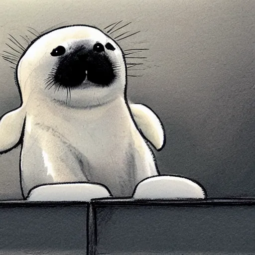 Image similar to a baby harp seal being sentenced to death by a judge, courtroom sketch