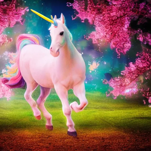 Prompt: a unicorn with a glowing horn, galloping, dreamy, mysterious, sakura petals, forest, extreme bokeh, found footage