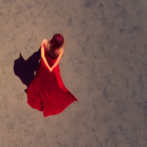 Prompt: a girl in a red dress climbing'' infinite stairs to heaven'' middle / top view, sunset light, cinematic image, hyperrealistic, 4 k