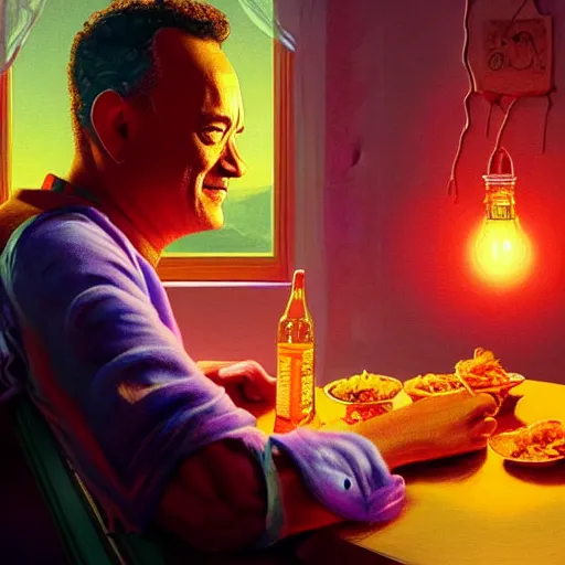 Prompt: A psychedelic portrait of tom hanks having a taco dinner, vibrant color scheme, highly detailed, in the style of romanticism, cinematic, artstation, Moebius, Greg rutkowski