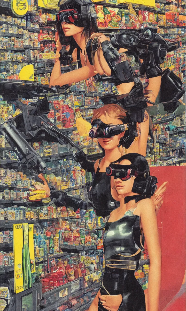 Image similar to 1979 OMNI Magazine Cover depicting a portrait of a Beautiful woman wearing AR goggles in a grocery store. Cyberpunk Akira style by Vincent Di Fate