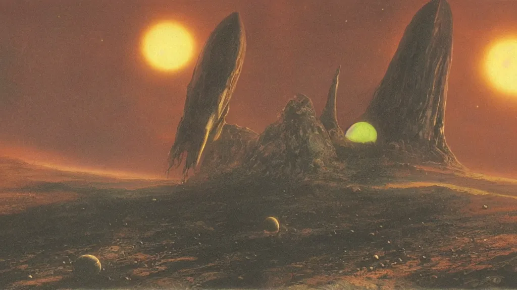 Image similar to eerie atmospheric alien planet with a landed organic rocketship by jack gaughan and bob eggleton and chris moore, epic cinematic matte painting