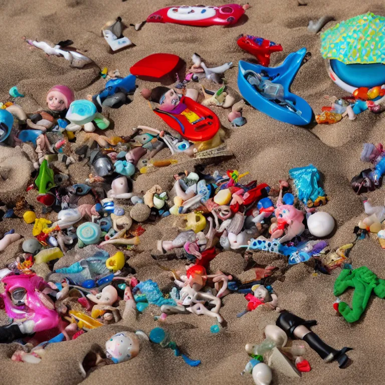 Prompt: surreal hyperrealistic photograph of a beach, toy dolls and parts of toy dolls strewn about, shot toward the ocean