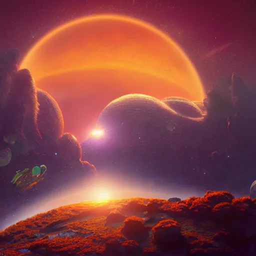 Prompt: A fuzzy orange cat sitting on a planet in space, full of details, by Makoto Shinkai and thomas kinkade, Matte painting, trending on artstation and unreal engine