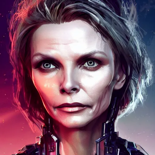 Image similar to michelle pfeiffer portrait, dystopia core, apocalyptic, armor, warrior, dramatic, sharp focus, fiction, neon, fantasy, hyper detailed, digital art, trending in artstation, cinematic lighting, studio quality, smooth render, unreal engine 5 rendered, octane rendered, art style and nixeu and wlop and krenz cushart