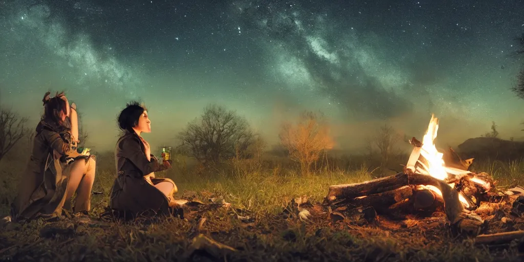 Prompt: A girl with short black hair and green eyes in a tan trenchcoat sitting on a log and drinking tea by the campfire by her motorcycle at night under the stars, elegant scene, beautiful landscape in the background, wide angle, cinematic lighting, atmospheric, ultrarealistic, trending on artstation, cgsociety, highly detailed, color graded, in the style of craig mullins, rendered in Unreal Engine 4k HQ, horizon forbidden west