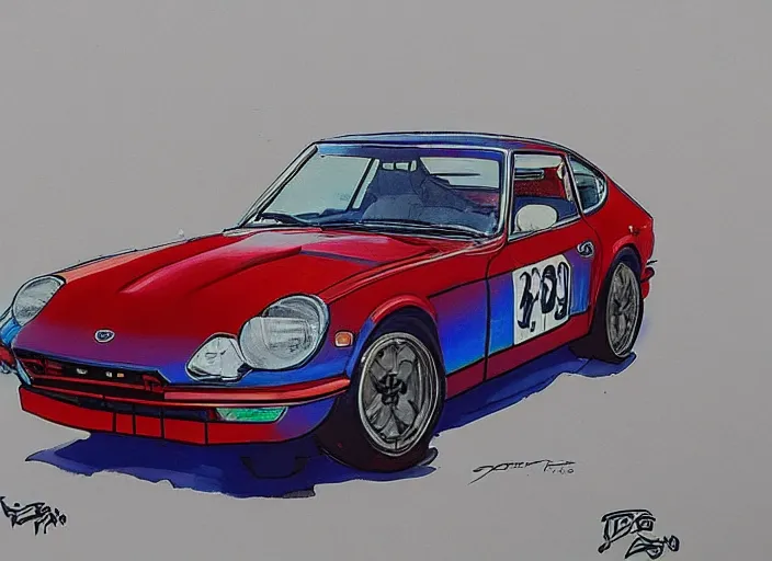 Image similar to a datsun 2 4 0 z in the art style of agam, yaacov