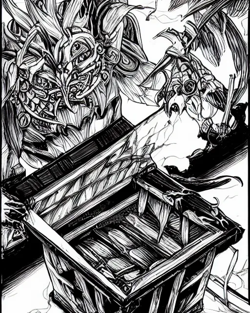 Image similar to A mimic as a crate, black and white, DnD, fantasy art, monster art, in the style of masami kurumada, illustration, epic, fantasy, intricate, hyper detailed, artstation, concept art, smooth, sharp focus, ray tracing