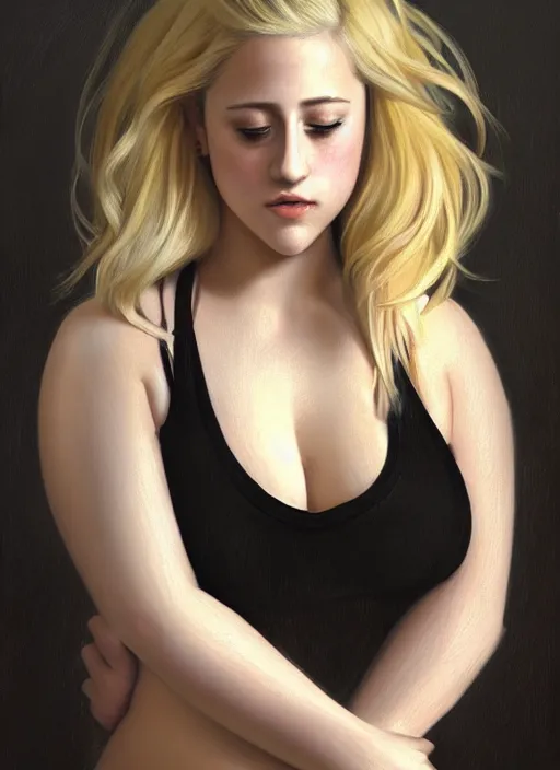 Image similar to full body portrait, teenage lili reinhart, blonde hair, obese, bangs, ponytail, sultry, realistic, sultry smirk, fluffy bangs, curly bangs, fat, belly, intricate, elegant, highly detailed, digital painting, artstation, concept art, smooth, sharp focus, illustration, art by wlop, mars ravelo and greg rutkowski