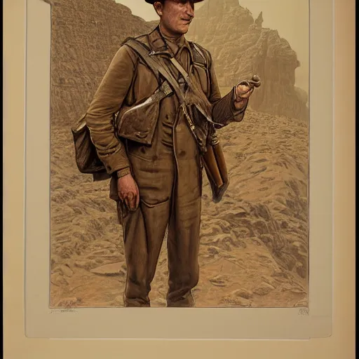 Image similar to a detailed photorealistic sepia - toned color line drawing of a 1 9 1 7 worried clean - shaven british lieutenant in detailed field gear not wearing a hat in wadi rum, ultra realistic, painted, intricate details, lovecraft, atmospheric, dark, horror, brooding, highly detailed, by clyde caldwell