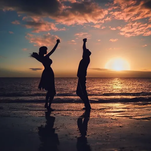 Image similar to couple dancing, sunset, cinematic, sun