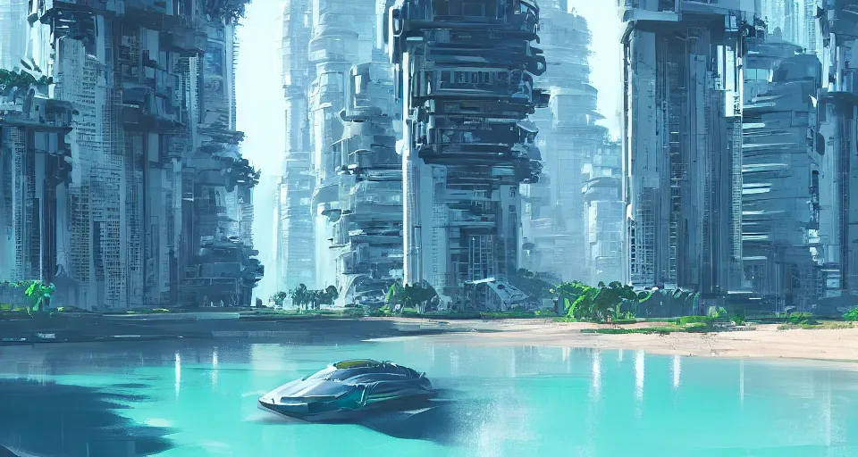 Image similar to sleek futuristic city on a coastline surrounded by greenery, blue sky, turquoise water, white sand, syd mead, alena aenami, artstation, digital painting, concept art, expansive