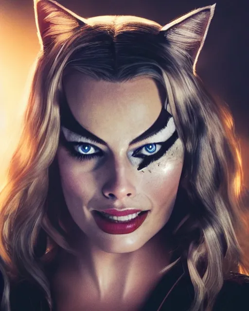 Prompt: portrait of margot robbie as cat woman, full body shot, highly detailed, detailed face, cinematic, professional photograph