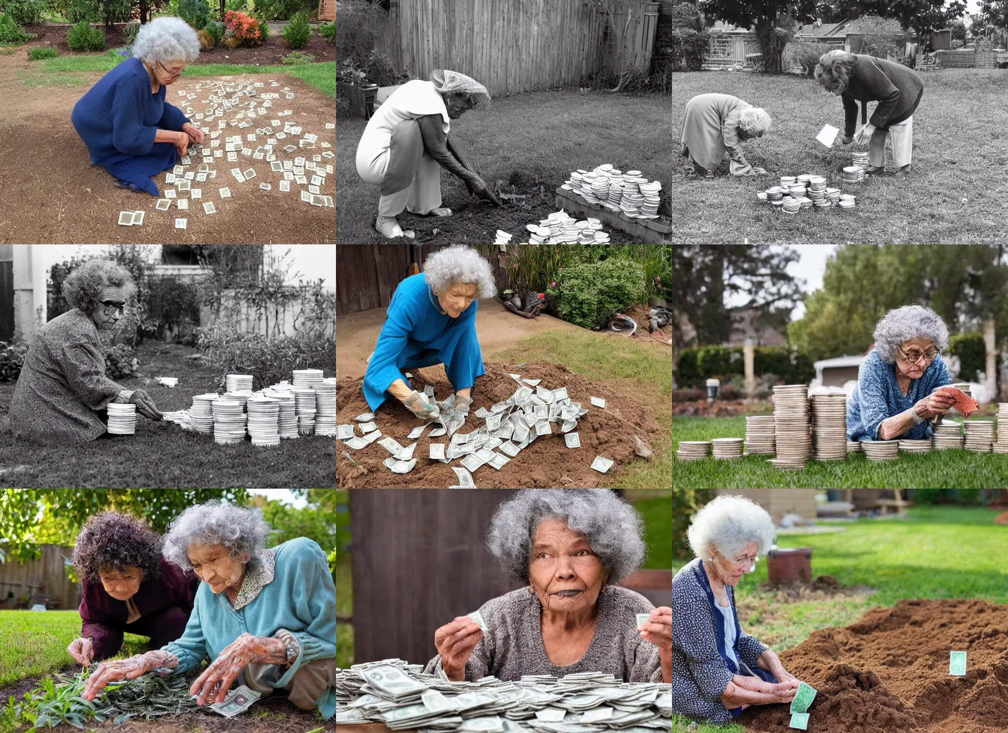 Prompt: an old lady with curly gray hair burying stacks of money in the back yard