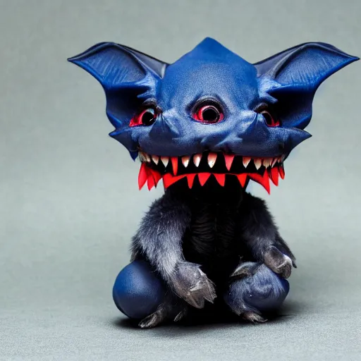Prompt: detailed full body of scary giant mutant dark blue pygmy-bat, glowing red eyes, sharp teeth, acid leaking from mouth, realistic, giant, bat ears, bat nose, furred, covered in soft fur, detailed, 85mm f/1.4