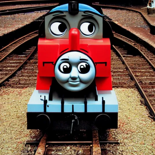 Prompt: thomas the tank engine of death red eyes smoke, dark