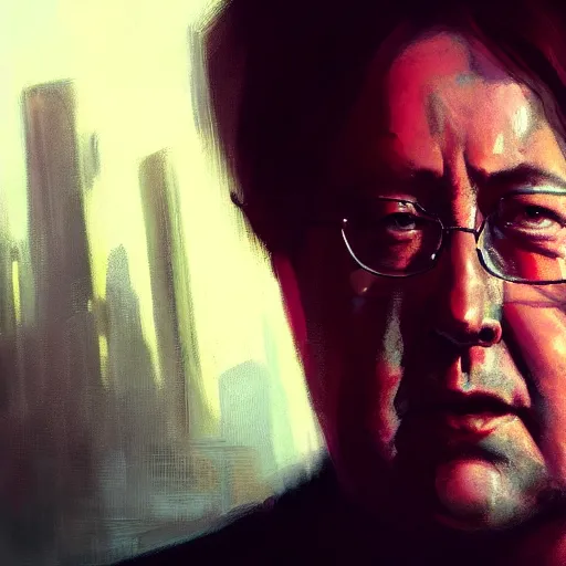 Image similar to closeup portrait of bill hicks, dramatic lighting, city background, chiaroscuro, high detail, painted by greg rutkowski, trending on artstation