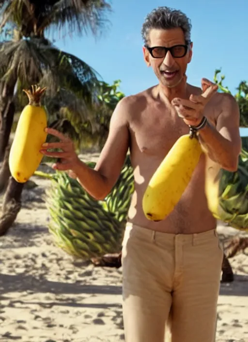 Prompt: jeff goldblum playing maraca pineapple as a banana on the beach