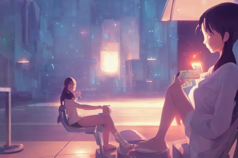 Image similar to girl helping a robot learn to read, scenic full shot, ambient lighting, detailed face, by makoto shinkai, stanley artgerm lau, wlop, rossdraws