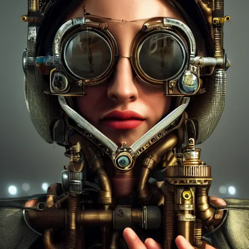 Image similar to portrait of an cyber artist, steampunk, high detail, beautiful light, depth of field, sharp focus, clean design, 4 k, octane render