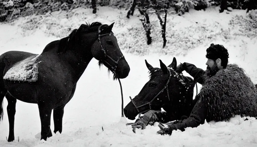 Prompt: 1 9 6 0 s movie still close up of marcus aurelius + horse frozen to death under the snow by the side of a river with gravel, pine forests, cinestill 8 0 0 t 3 5 mm b & w, high quality, heavy grain, high detail, texture, dramatic light, anamorphic, hyperrealistic, detailed hair, foggy