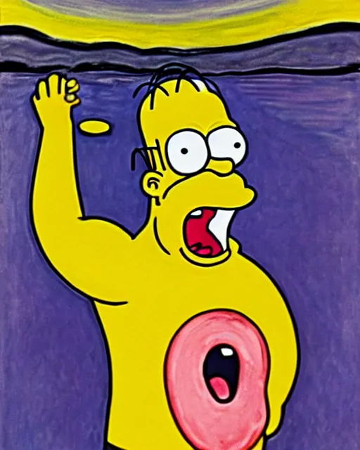 Prompt: a painting of homer simpson screaming in the scream by edvard munch