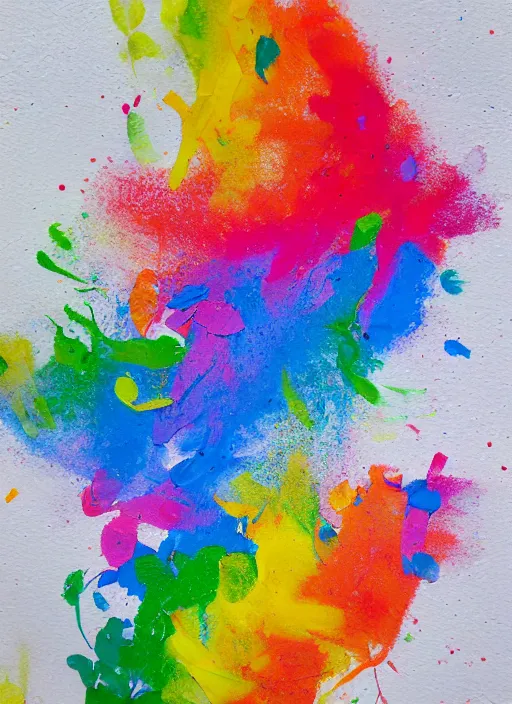 Prompt: oil paint splatter on white paper, rainbow colors