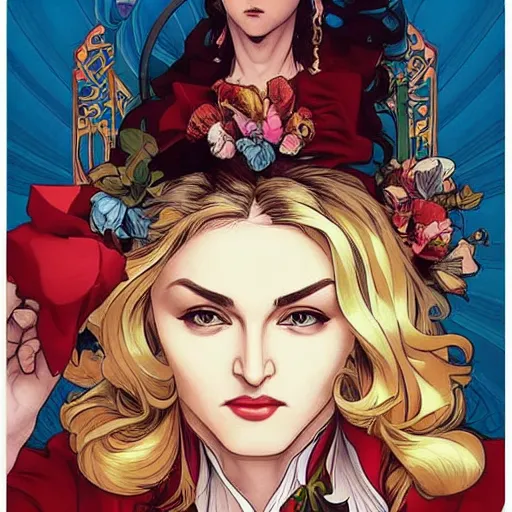 Image similar to madonna perfect coloring, low saturation, epic composition, masterpiece, bold complimentary colors. stunning masterfully illustrated by artgerm, range murata, alphonse mucha, katsuhiro otomo