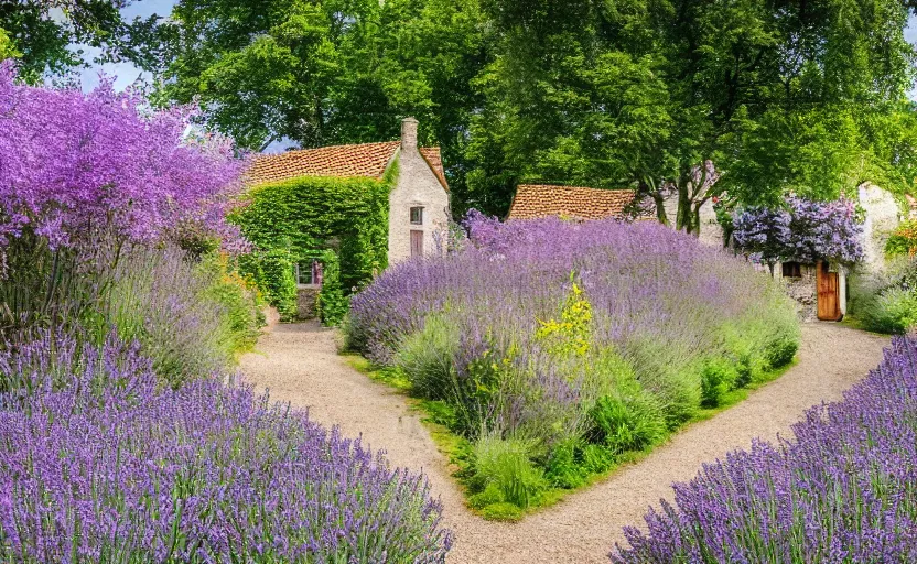 Prompt: Dutch limestone cottage farm, Jerkinhed roof, rustic wood timberwork lavender bushes in the garden, full of flowers, surrounded by oak trees, a cobblestone pathway, dawn, 8K