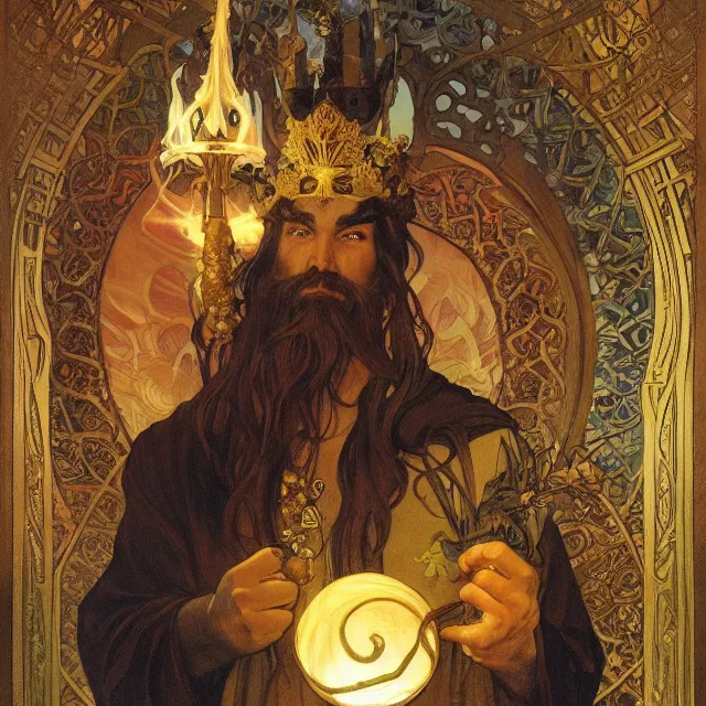 Image similar to an aesthetic! a detailed portrait of a man in a long beard, with a crown, holding a lantern with piles of gold in the background, by frank frazetta and alphonse mucha, oil on canvas, art nouveau dungeons and dragons fantasy art, hd, god rays, ray tracing, crisp contour lines, huhd