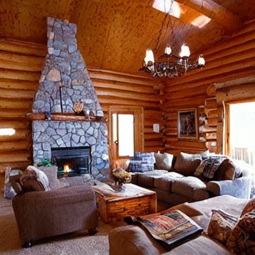 Prompt: “log cabin living room”