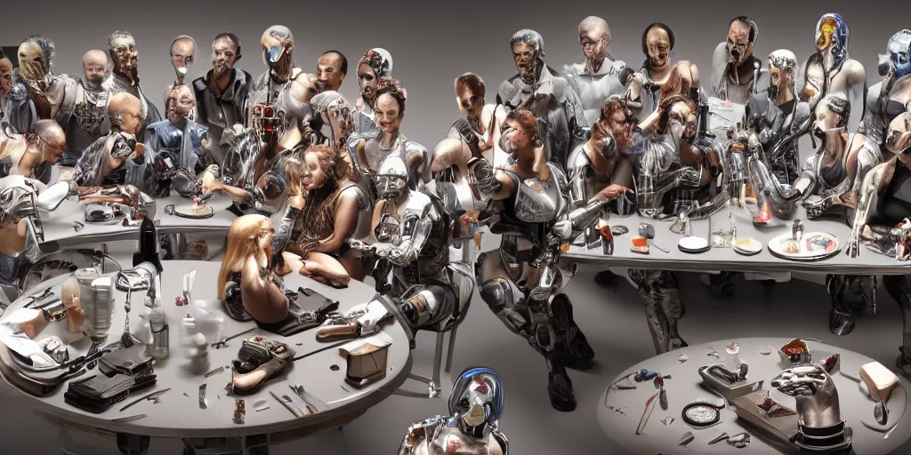 Image similar to !13 diverse cyborgs on !one_side of a reflective !cybernetic table, !!posing_as_last_supper, inticrate detailed glowing implants, !!highly detailed, beautiful lighting