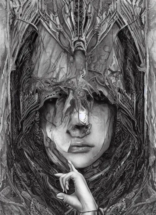 Image similar to a detailed full body portrait of frozen in stone black haired demon girl knelling in a highly detailed architecture, the queen of blades, diablo 4 queen, a beautiful face, by dorian cleavenger, greg rutkowski, wlop, astri lohne, zdzisław beksinski, bastien lecouffe - deharme trending on artstation