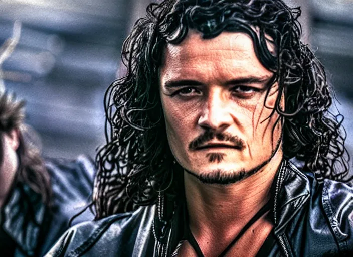 Prompt: promotional image of orlando bloom in a heavy metal band in a movie from 1978, rugged black clothes, detailed face, movie still frame, promotional image, imax 70 mm footage