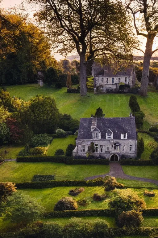 Image similar to movie screenshot wide-shot landscape with big stone edwardian house in the garden, apple trees, beautiful ambiance, golden hour, sharp focus, highly detailed,