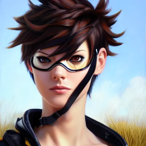 Image similar to oil painting of tracer overwatch in a field wearing very large black leather collar around neck, in style of mark arian, expressive face, very detailed face, very detailed eyes, full body, feminine face, detailed makeup on eyes, tracer overwatch,